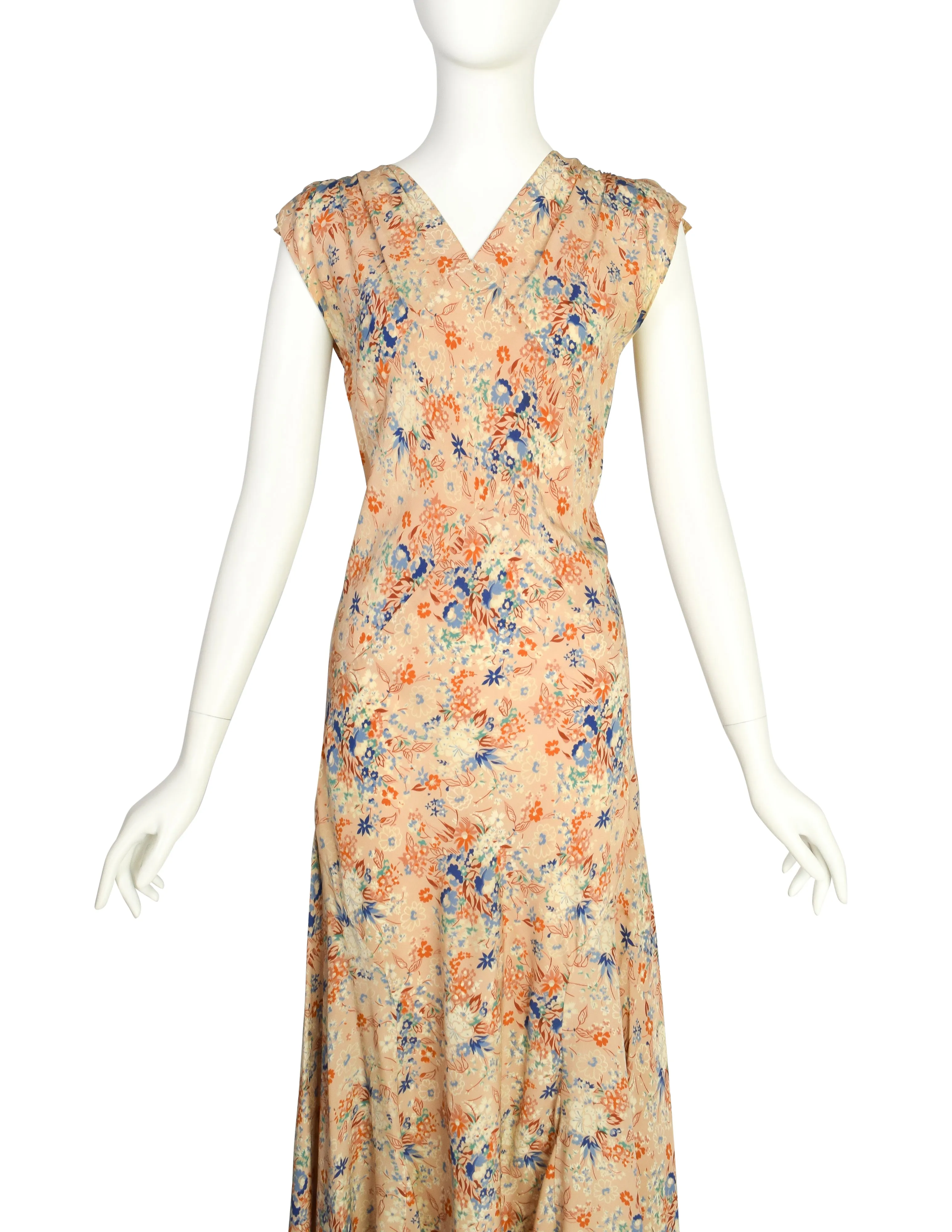 Scruggs Vandervoort & Barney Vintage 1930s Beige Floral Crepe de Chine Bias Dress