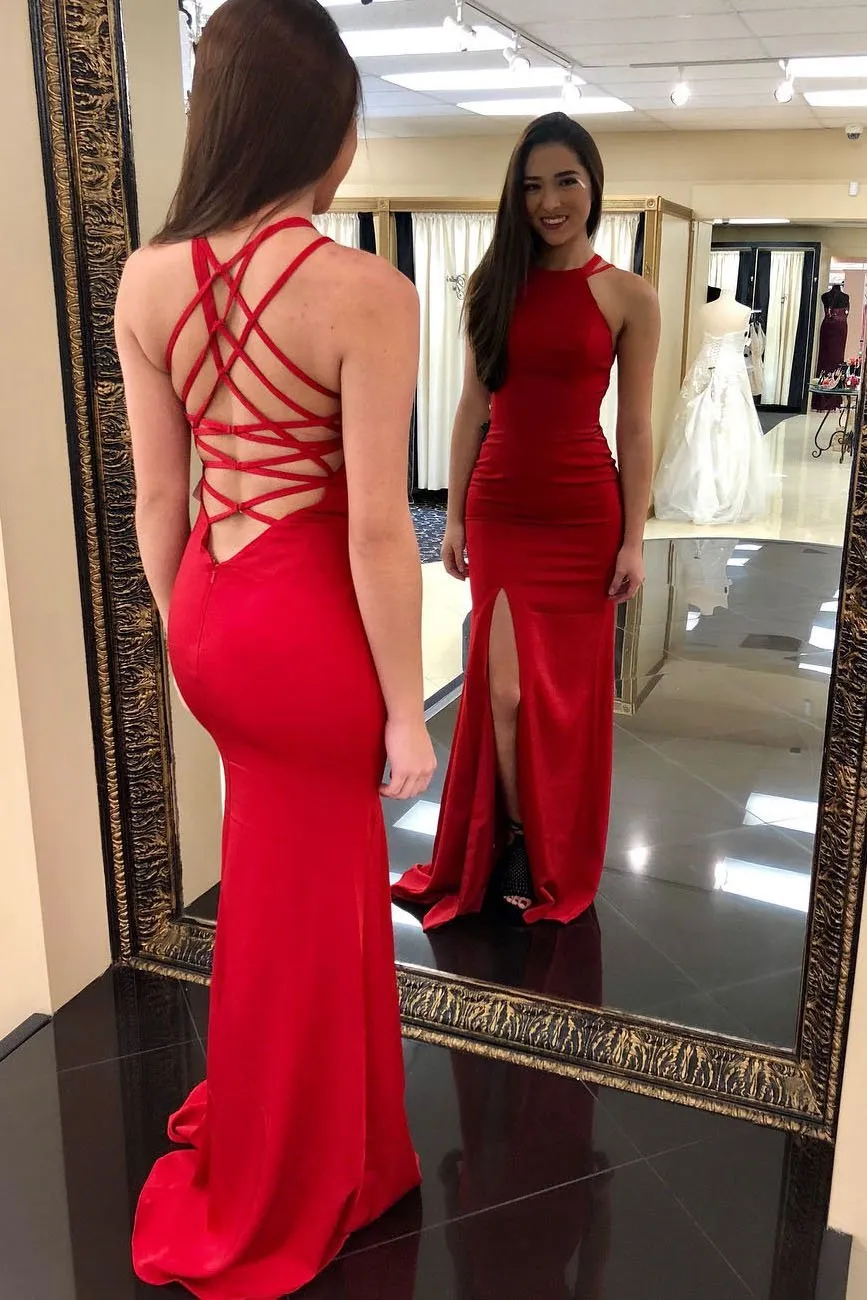 Sheath Red Evening Dresses Satin Jewel Simple Evening Gown