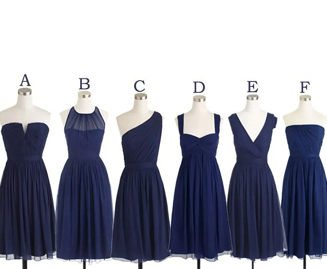 Short Navy Blue Chiffon Mismatch Maid Of Honor Girls Group In Knee Length Simple Prom Dresses