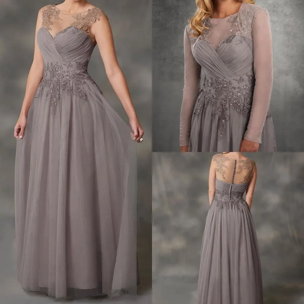 Simple A-Line Mother Of The Bride Dresses Gray Chiffon With Jacket Applique Lace