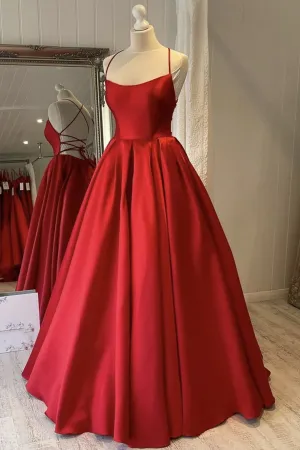 Simple Backless Red Satin Long Prom Dress Open Back Formal Dresses Red Evening Gown