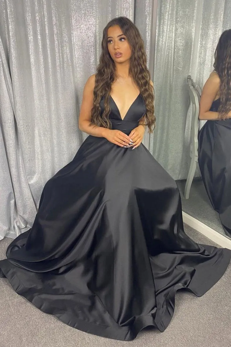 Simple black v neck satin long prom dress black evening dress