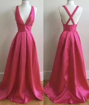 Simple V Neck Pleated Satin Long Prom Dresses, V Neck Evening Dresses, Formal Dresses, Graduation Dresses