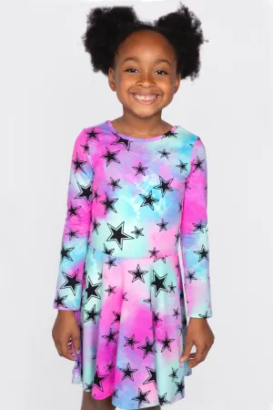 Simply Soft Long Sleeve Skater Dress - Aqua Pink Tie Dye Stars