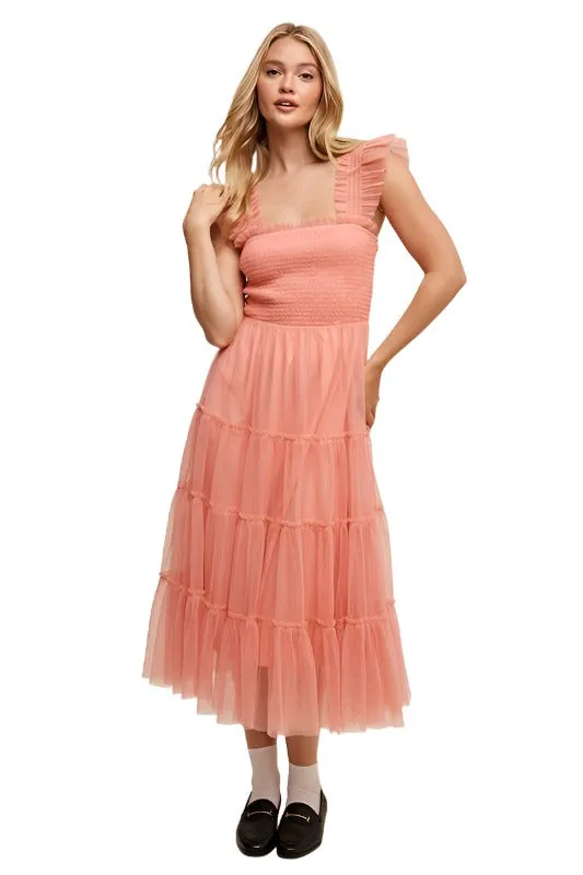 Smocked Ruffle Tiered Mesh Midi Maxi Dress