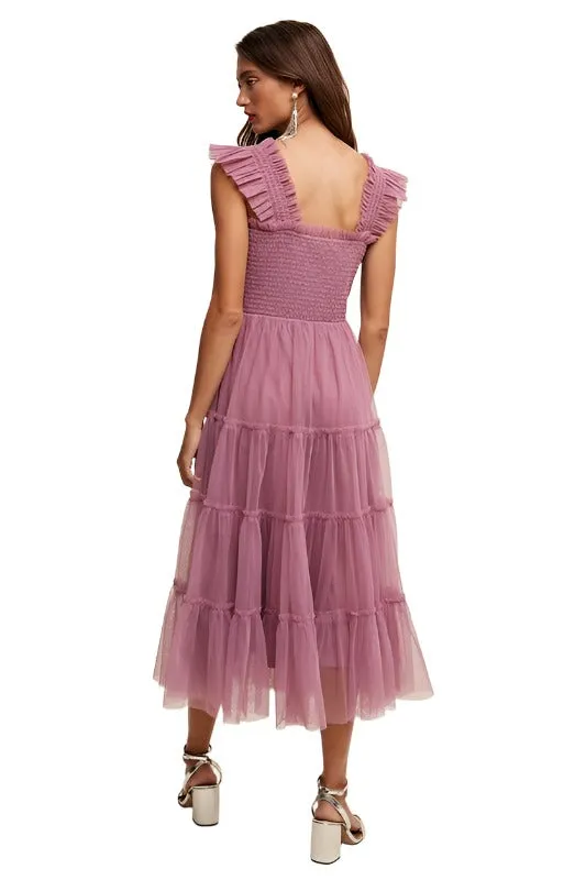 Smocked Ruffle Tiered Mesh Midi Maxi Dress