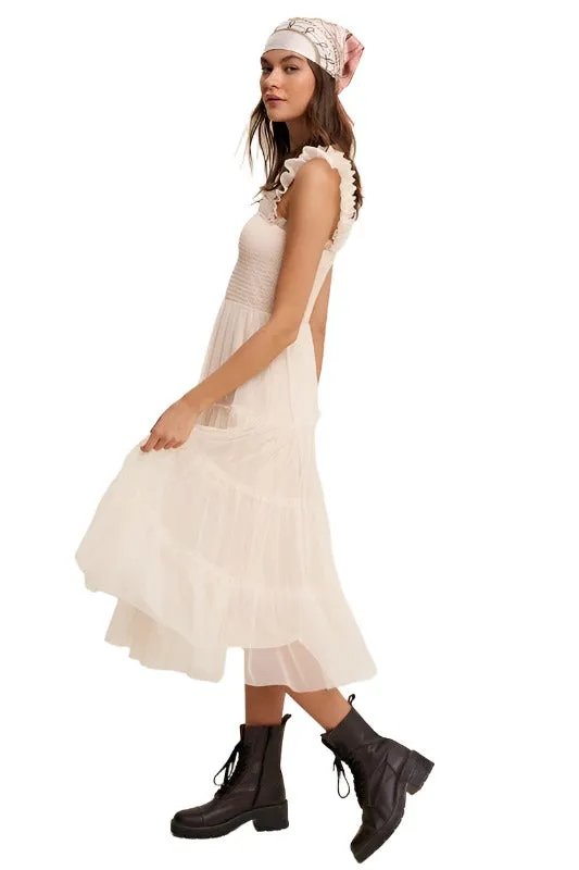 Smocked Ruffle Tiered Mesh Midi Maxi Dress