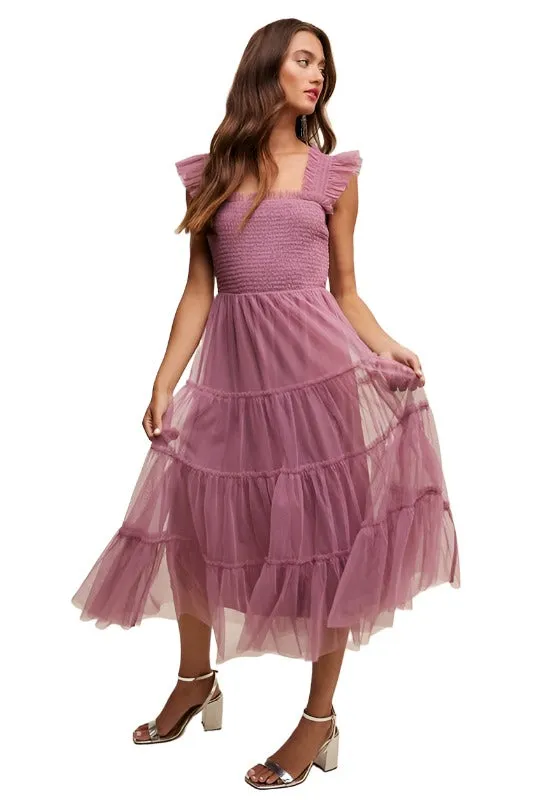 Smocked Ruffle Tiered Mesh Midi Maxi Dress