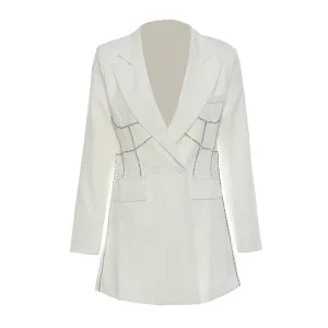 Sparkly Crystal Embellished Peak Lapel Long Sleeve Double Breasted Blazer