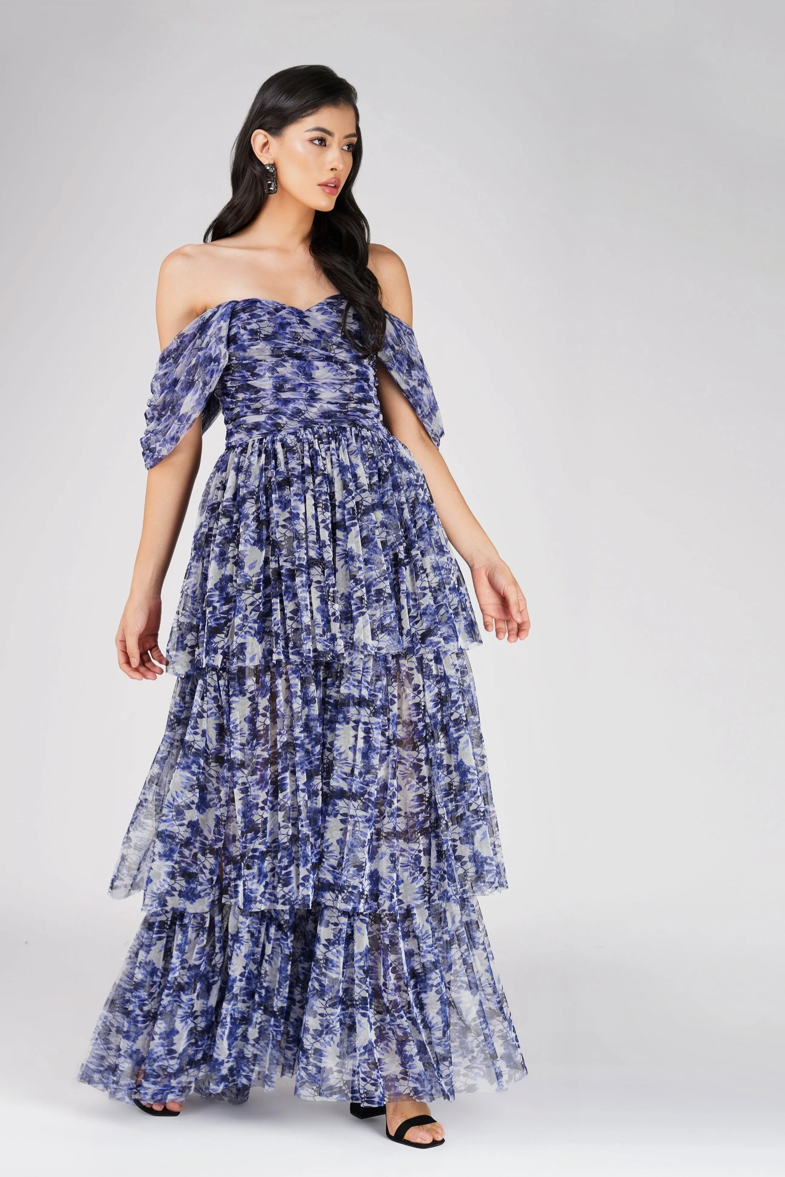 Sydney Tulle Maxi Dress in Blue Leaf Print