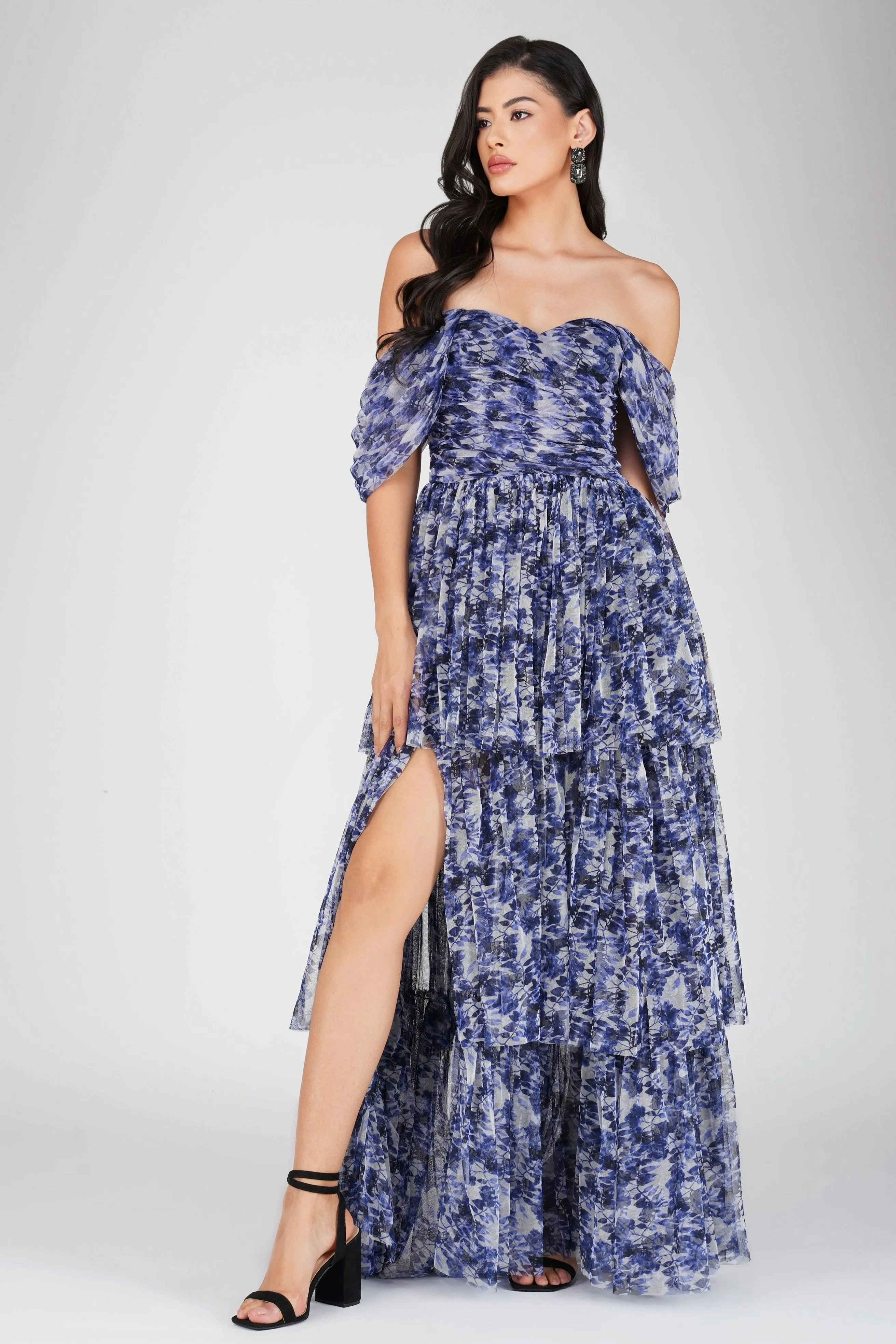 Sydney Tulle Maxi Dress in Blue Leaf Print