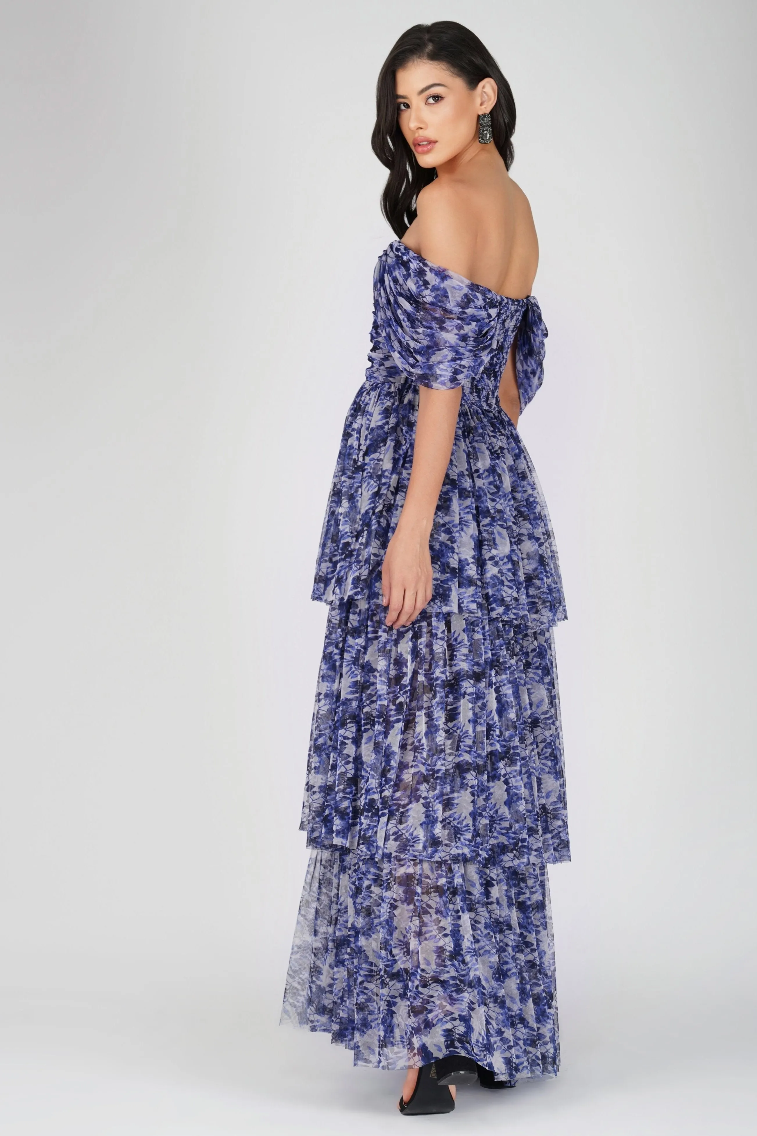 Sydney Tulle Maxi Dress in Blue Leaf Print