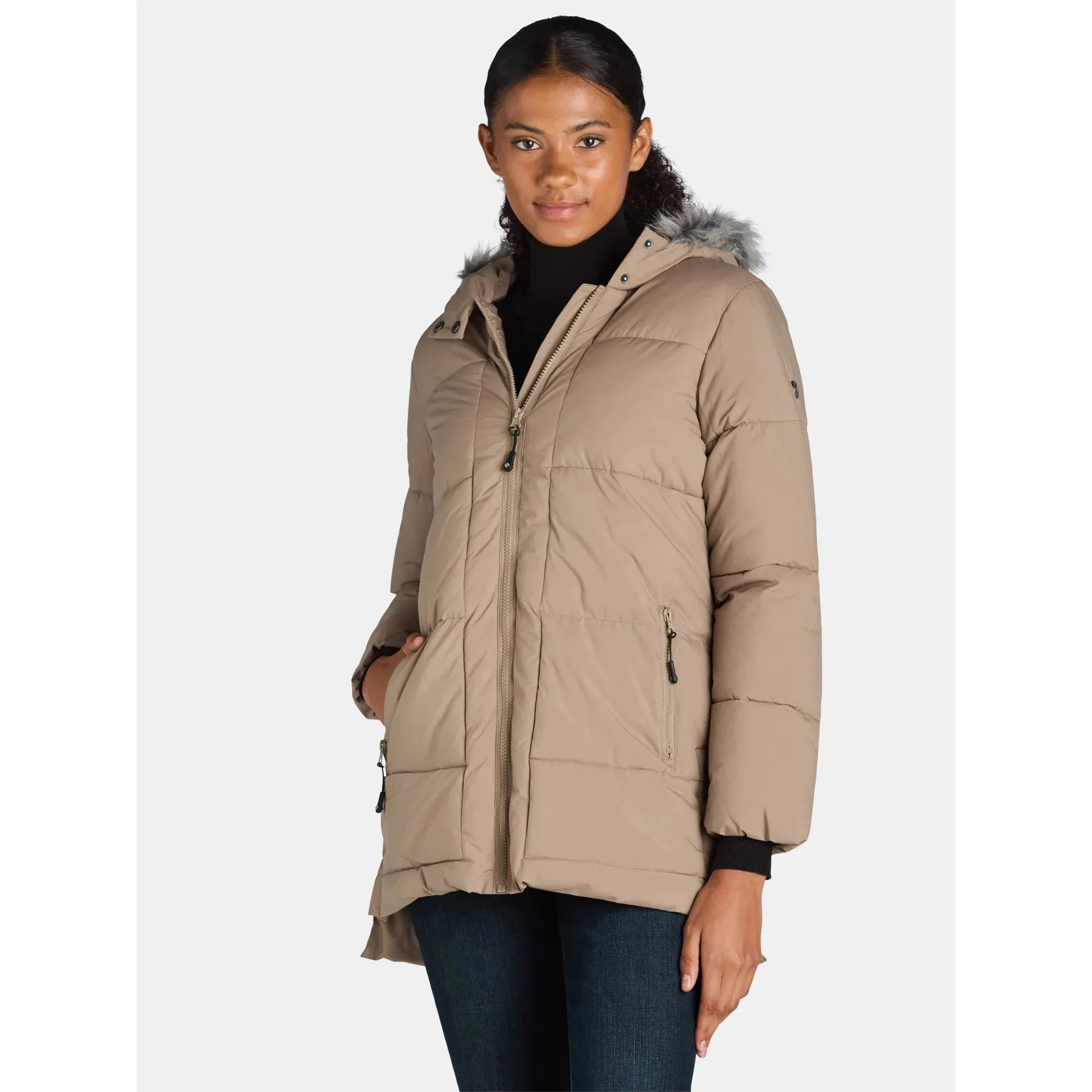 Timber Wolf  Wide Quilted Puffer Coat with Faux Fur Trim Hood Grey