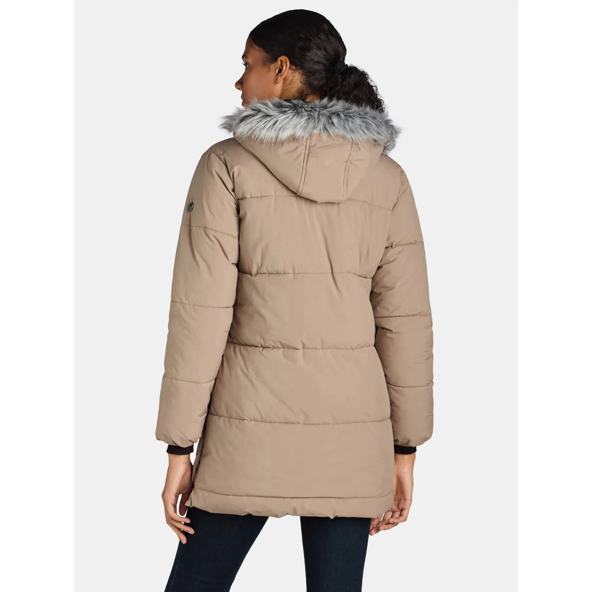 Timber Wolf  Wide Quilted Puffer Coat with Faux Fur Trim Hood Grey