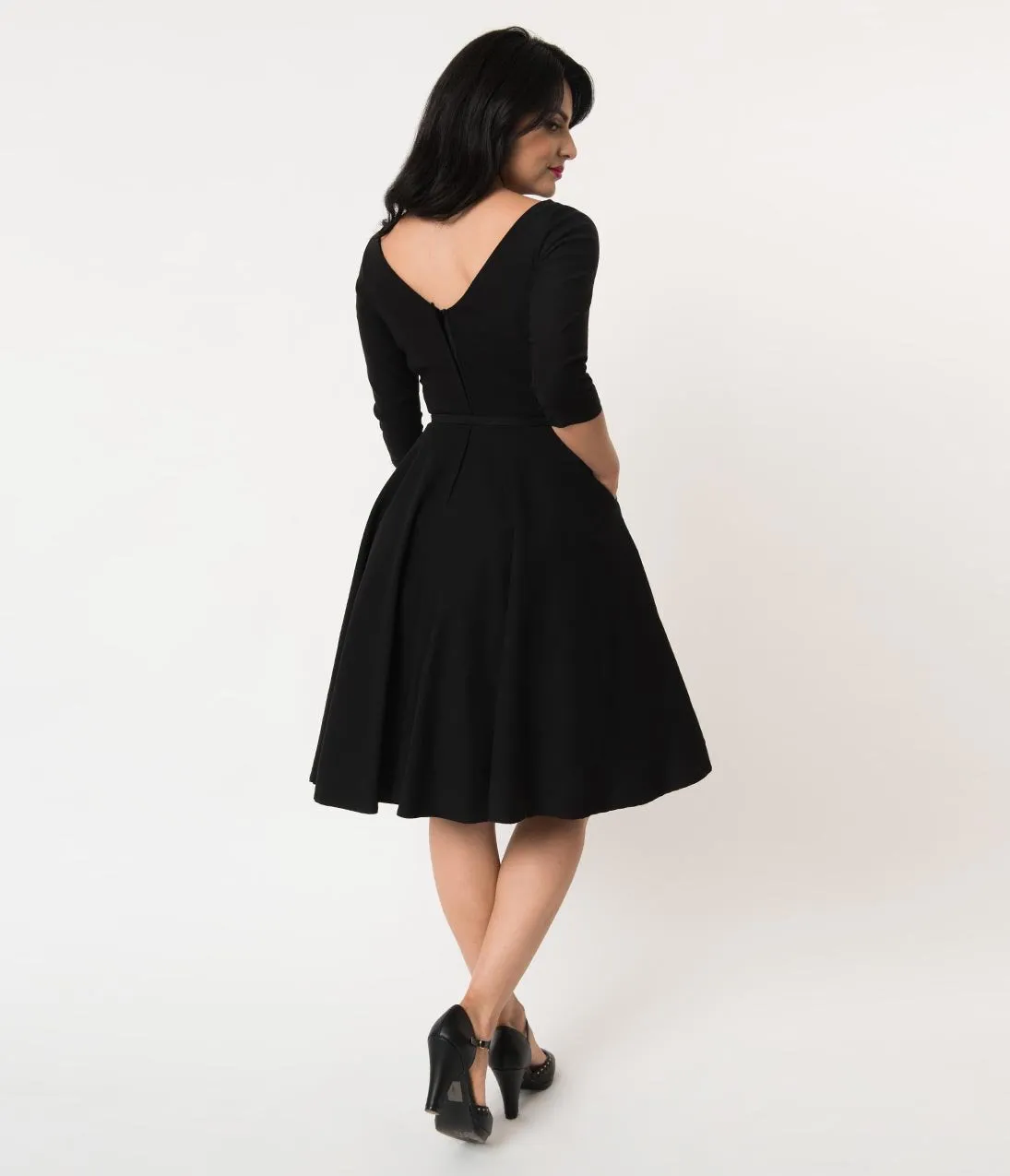 Unique Vintage 1950s Style Black Stretch Sleeved Devon Swing Dress