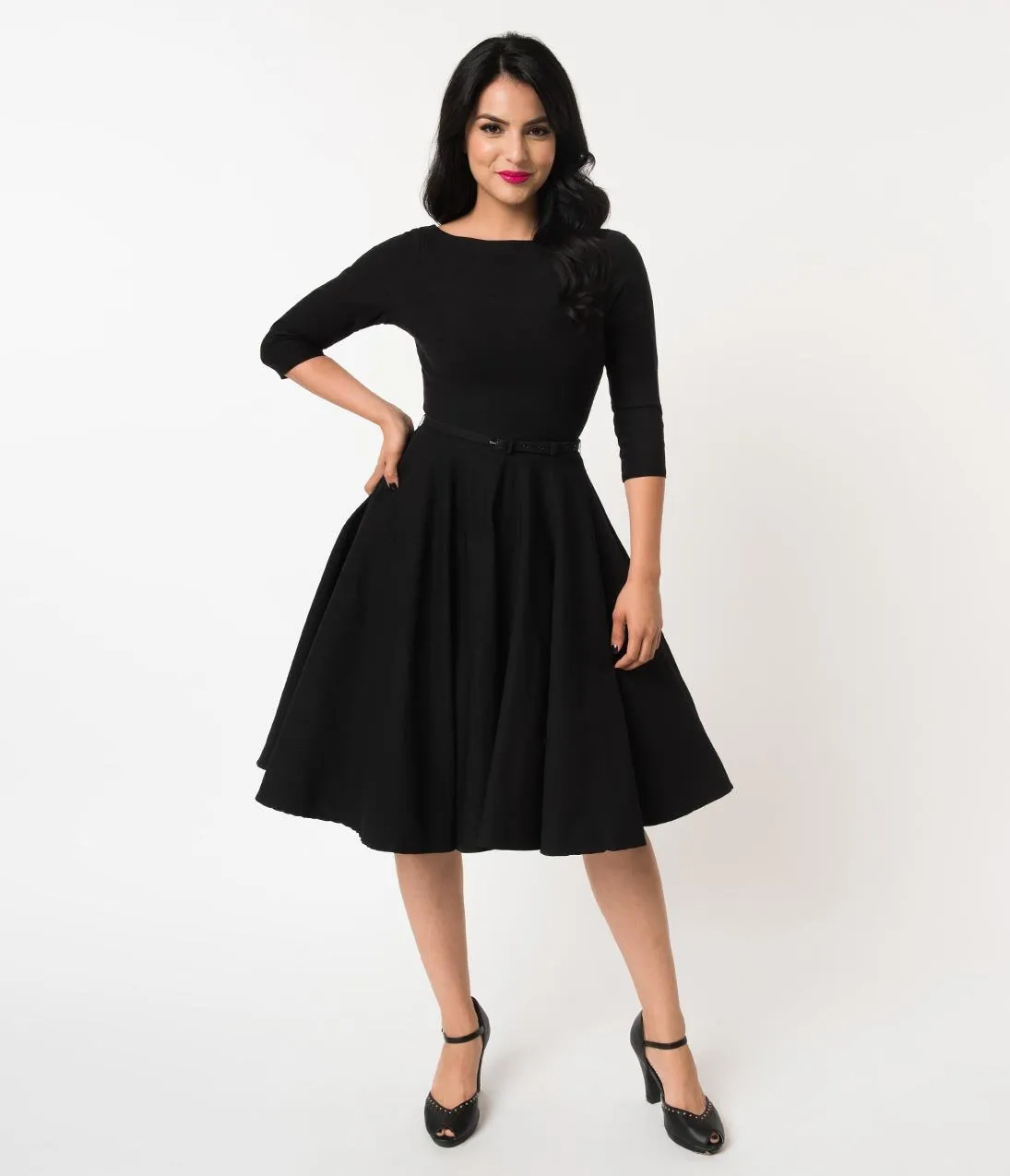 Unique Vintage 1950s Style Black Stretch Sleeved Devon Swing Dress