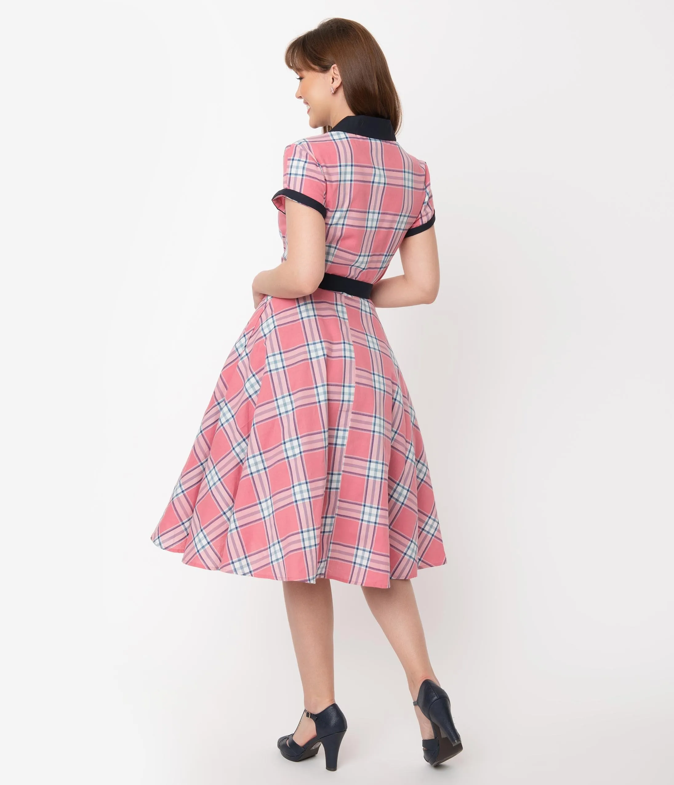 Unique Vintage 1950s Style Light Pink Plaid Alexis Swing Dress