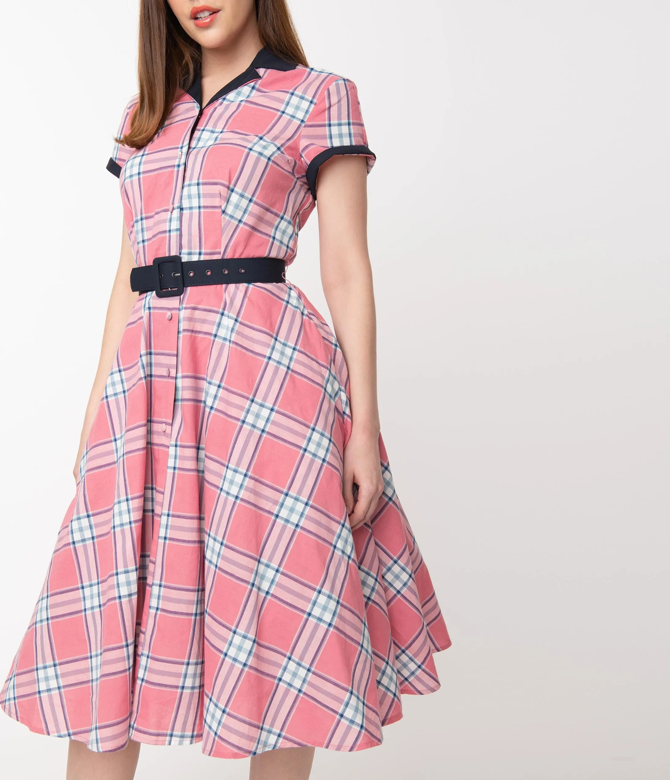 Unique Vintage 1950s Style Light Pink Plaid Alexis Swing Dress