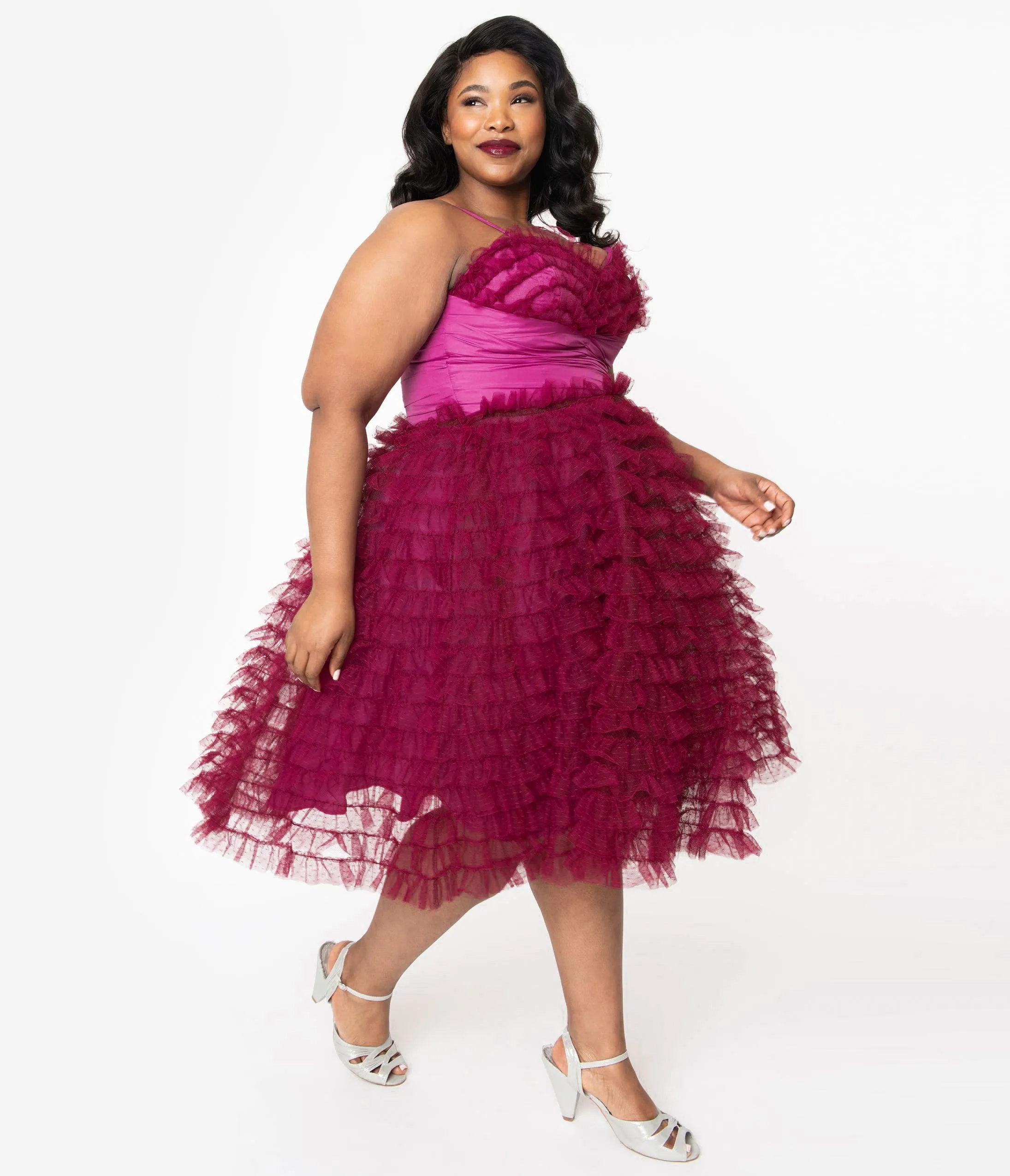 Unique Vintage Plus Size 1950s Berry Ruffled Cupcake Swing Dress