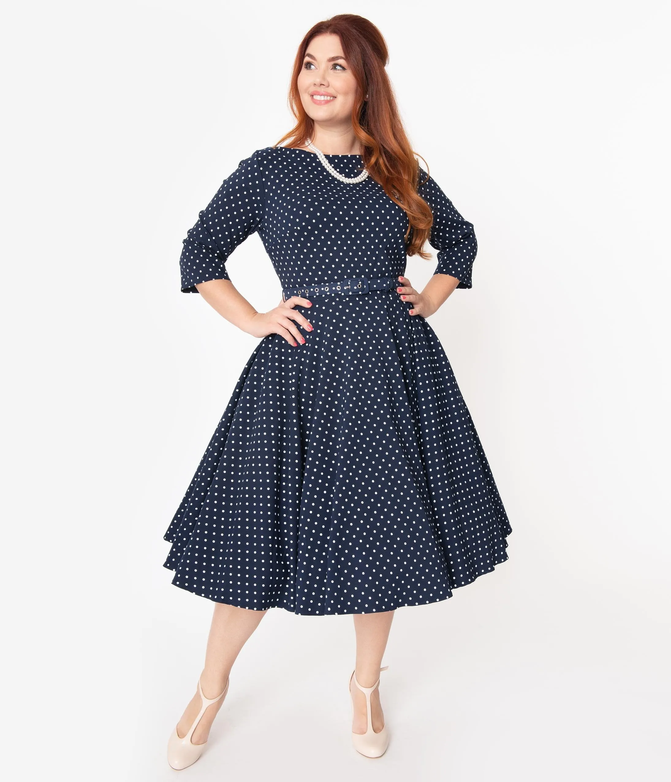 Unique Vintage Plus Size 1950s Navy & White Pin Dot Devon Swing Dress