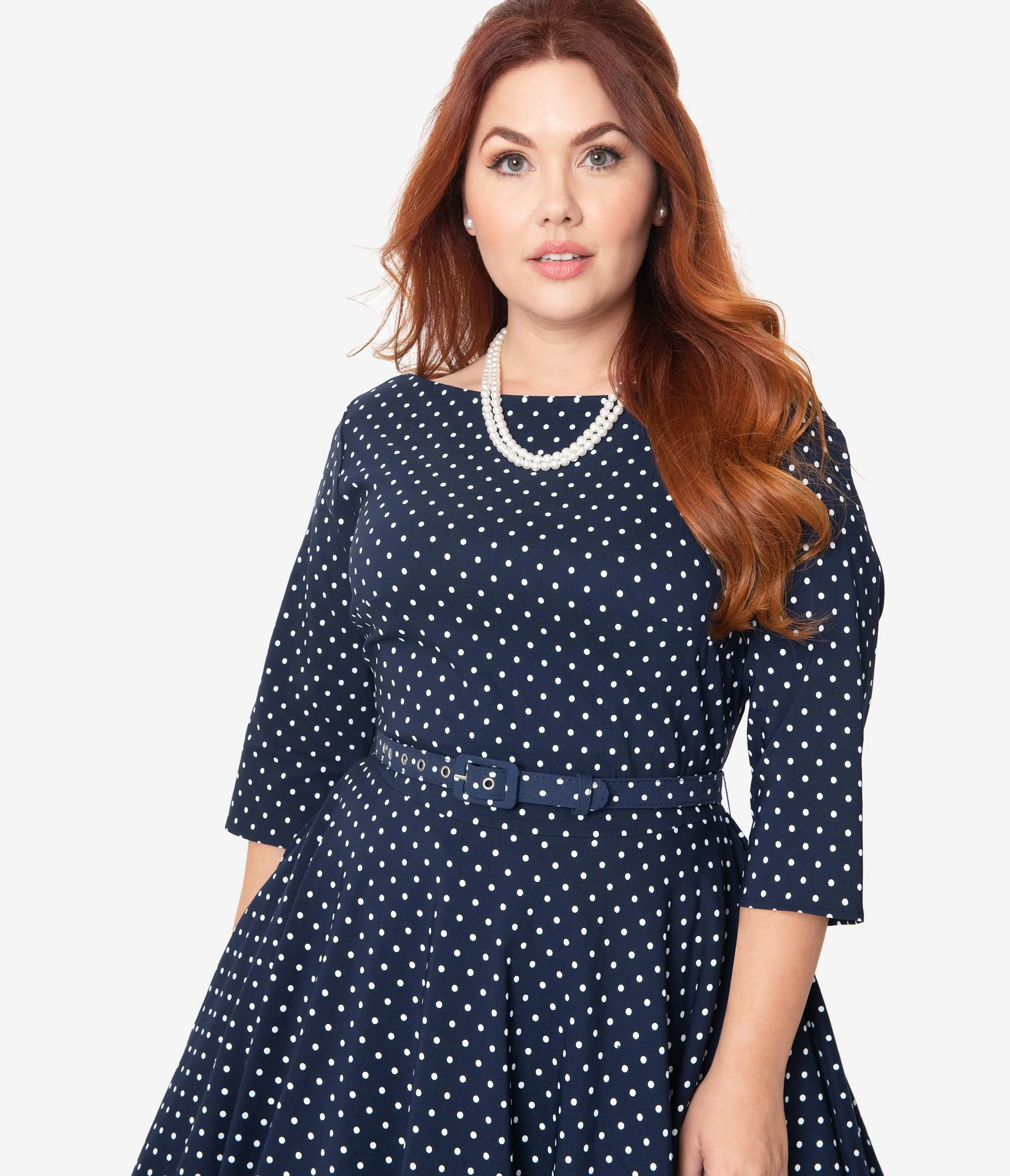 Unique Vintage Plus Size 1950s Navy & White Pin Dot Devon Swing Dress