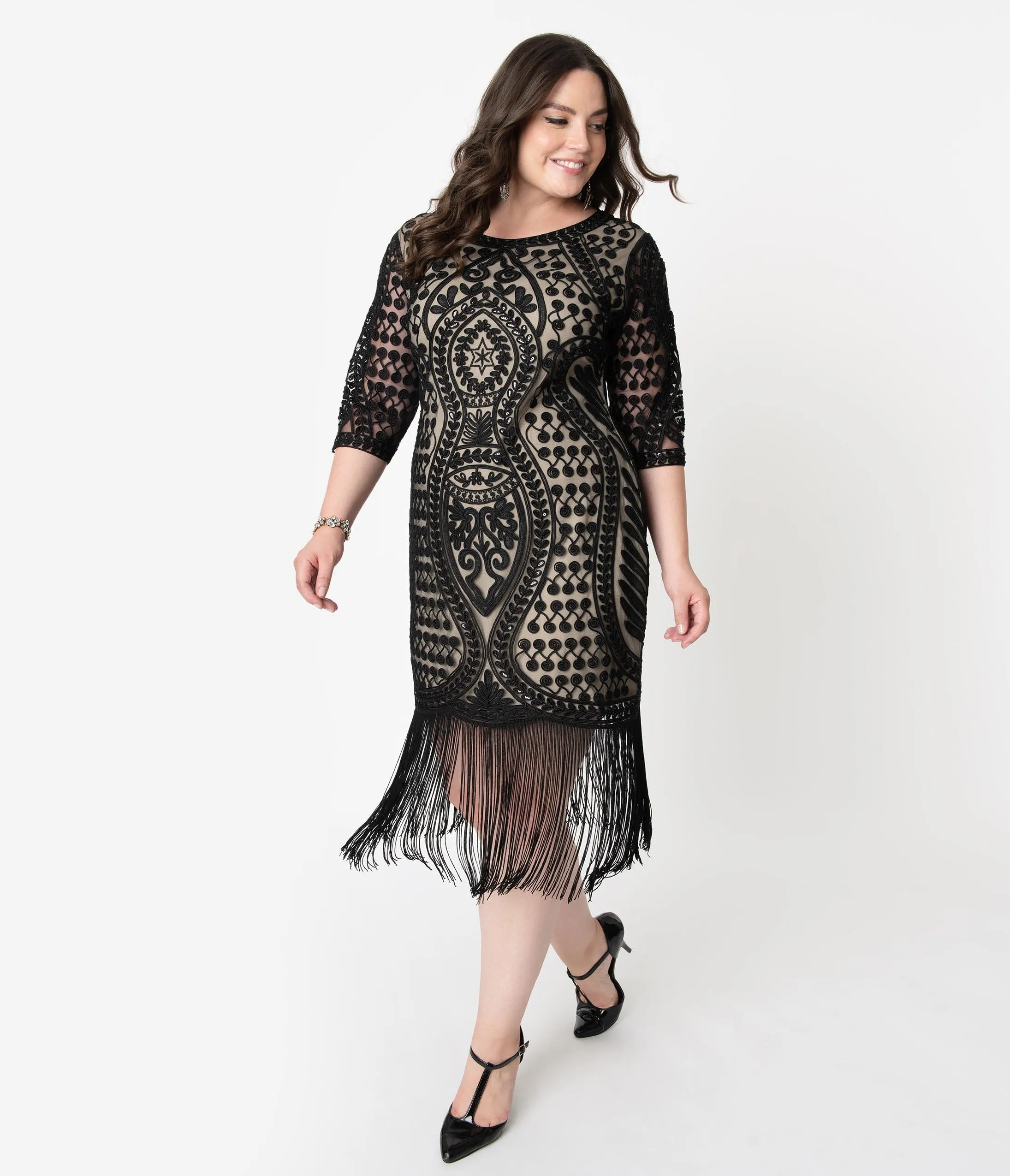 Unique Vintage Plus Size Beige & Black Embroidered Deco Eugenia Fringe Flapper Dress