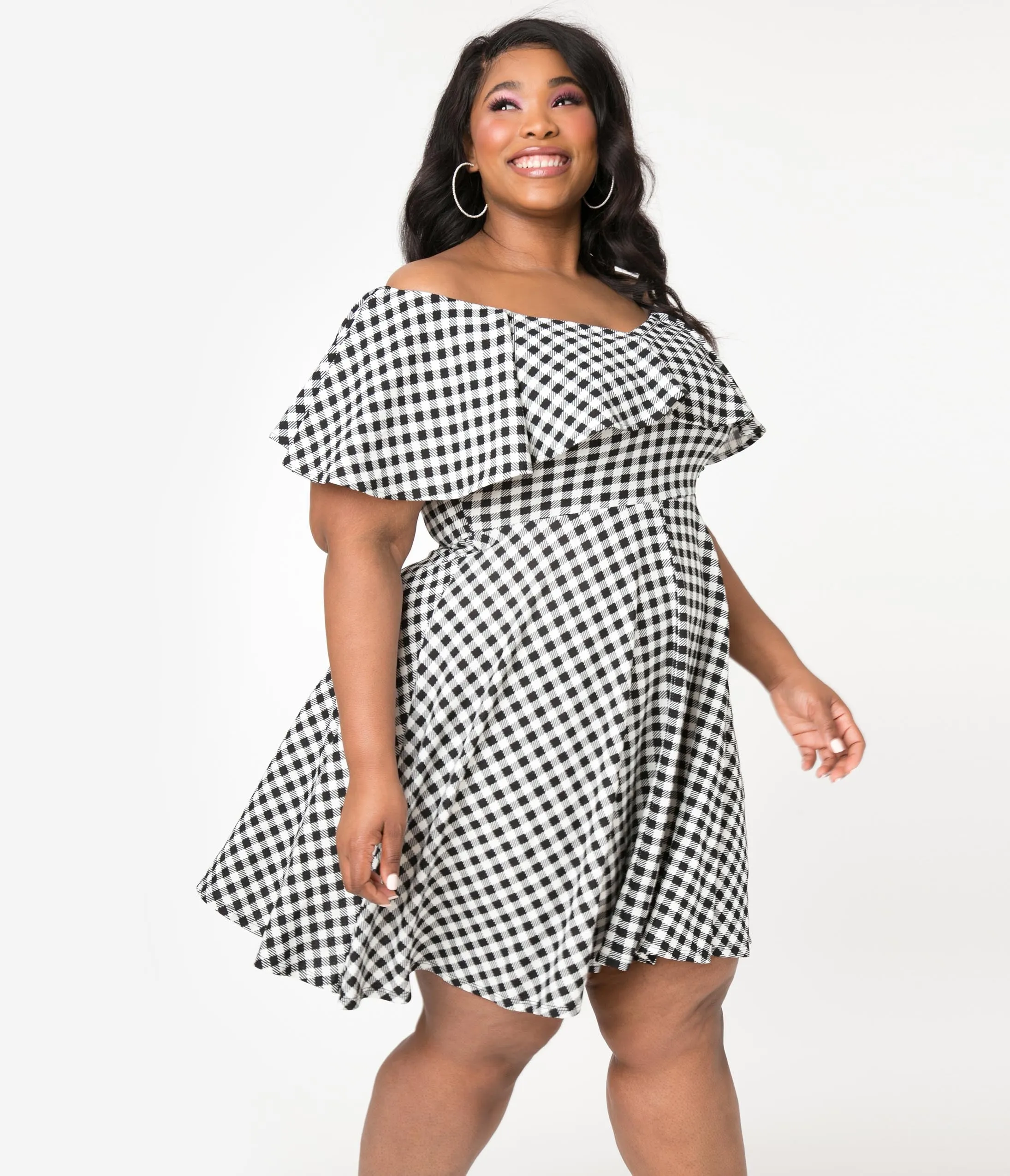 Unique Vintage Plus Size Black & White Gingham Gidget Fit & Flare Dress