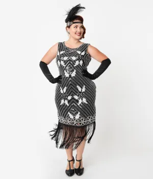 Unique Vintage Plus Size Deco Black & White Beaded Fortunee Fringe Flapper Dress