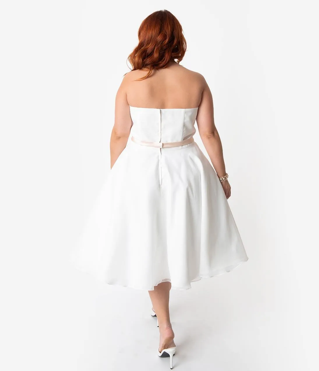 Unique Vintage x Dolly Couture Plus Size White Strapless Maryville Tea Length Wedding Dress