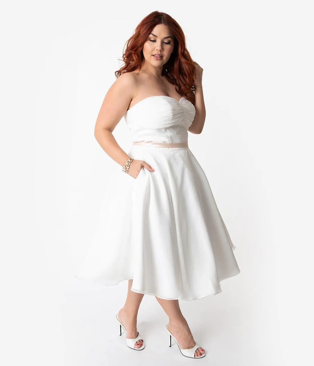 Unique Vintage x Dolly Couture Plus Size White Strapless Maryville Tea Length Wedding Dress