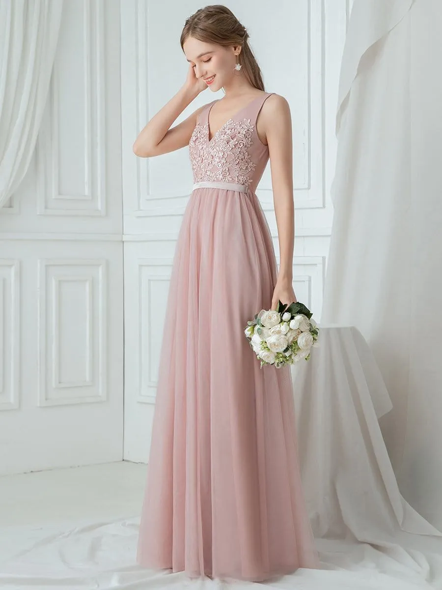 V-Neck Maxi Long Embroidery Appliqued Tulle Bridesmaid Dress