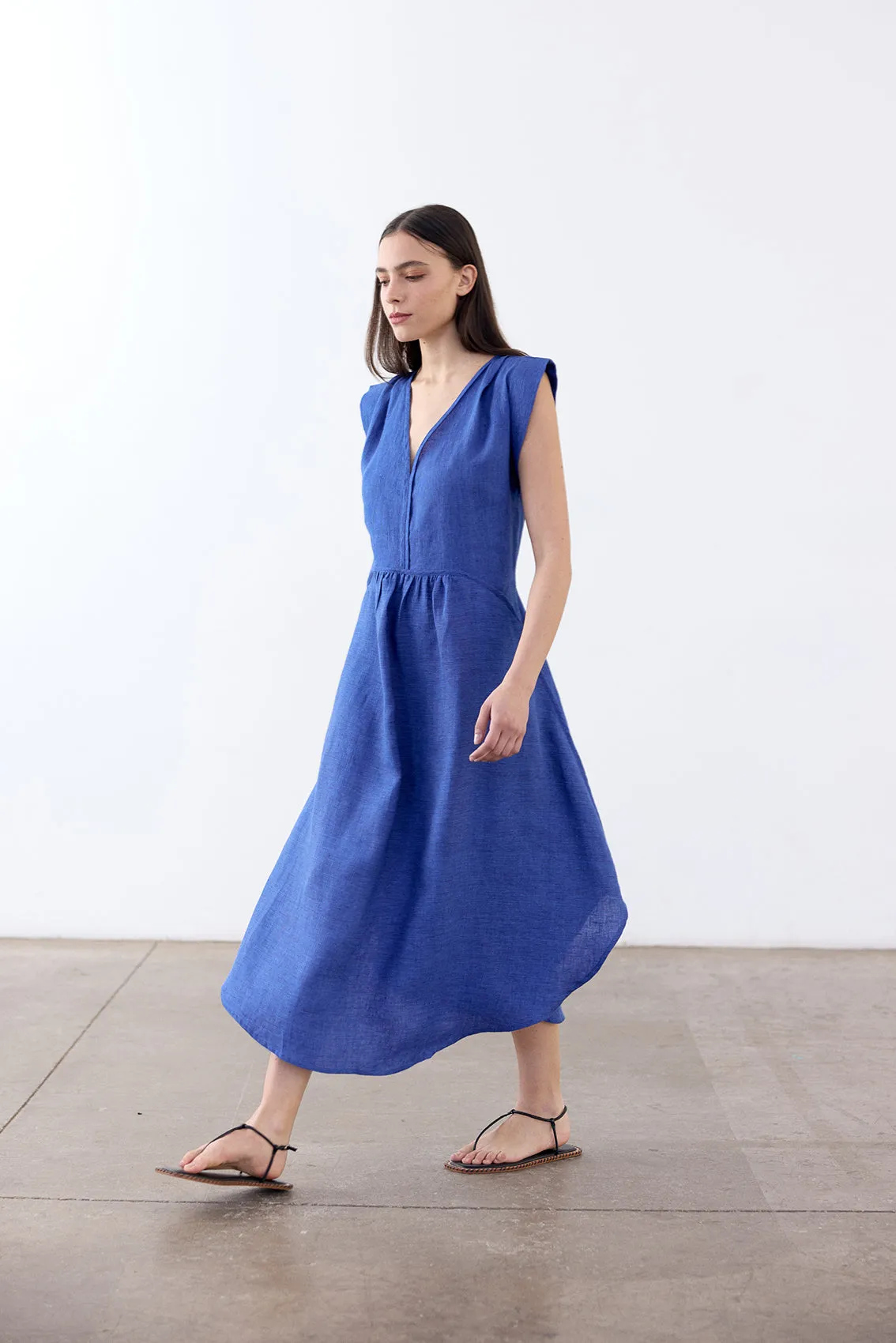 V-Neck Relaxed Linen Dress - Cobalto