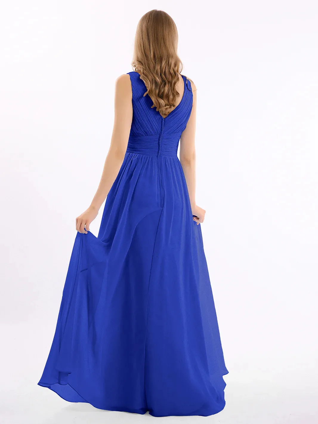 V Neckline Floor Length Chiffon Dresses Royal Blue