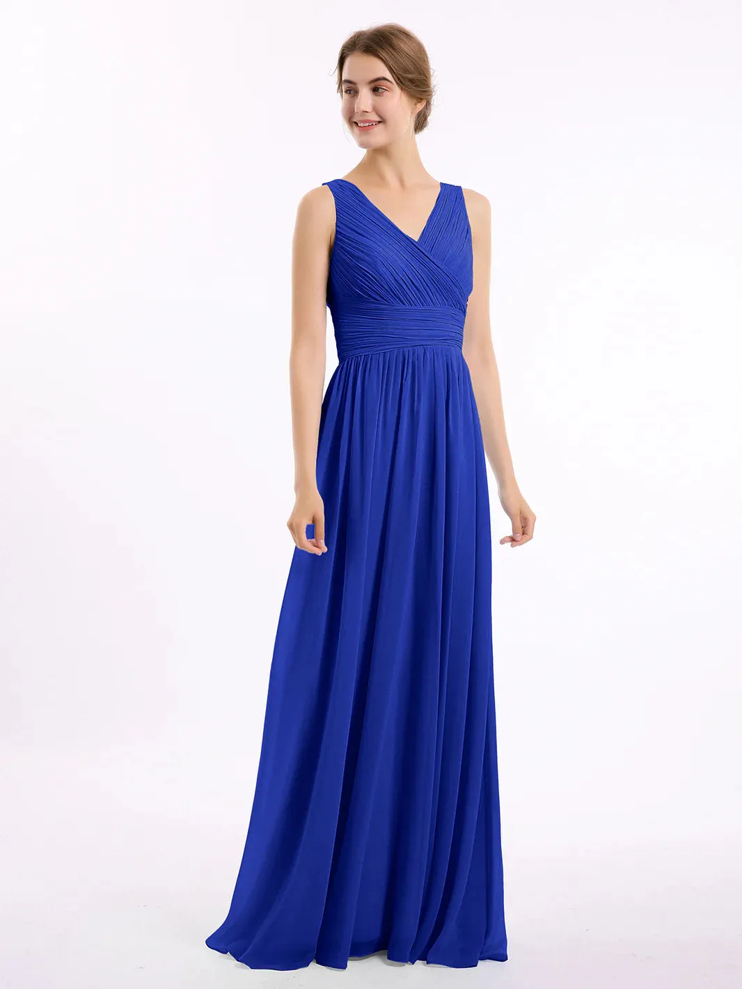 V Neckline Floor Length Chiffon Dresses Royal Blue