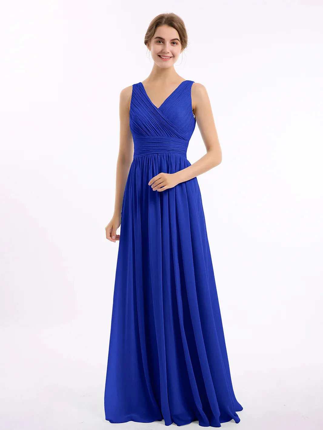 V Neckline Floor Length Chiffon Dresses Royal Blue