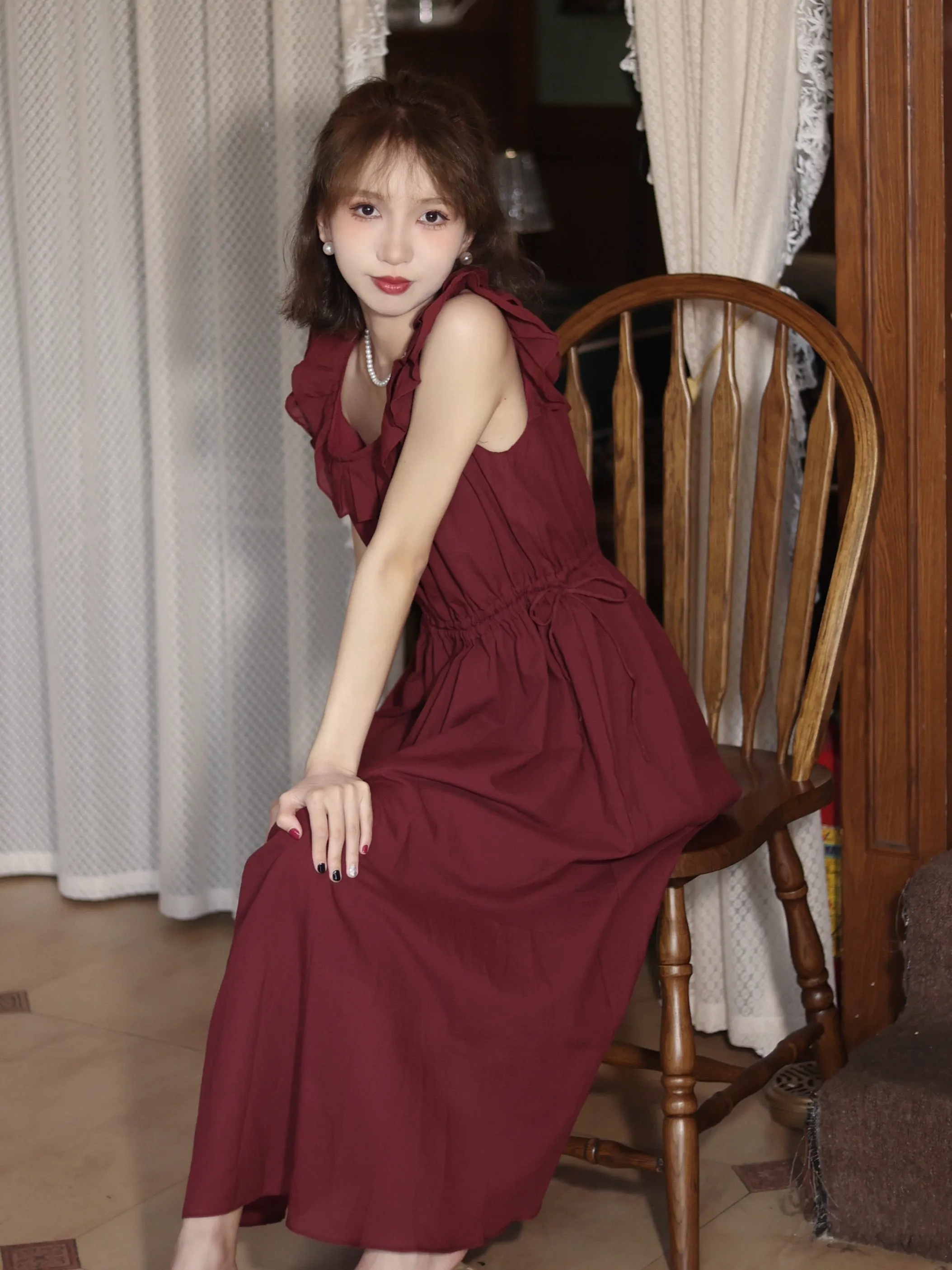 Vintage Round Neck Romantic Burgundy Dress