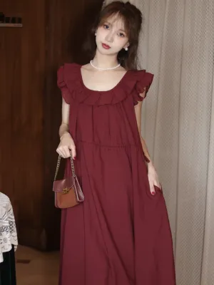 Vintage Round Neck Romantic Burgundy Dress