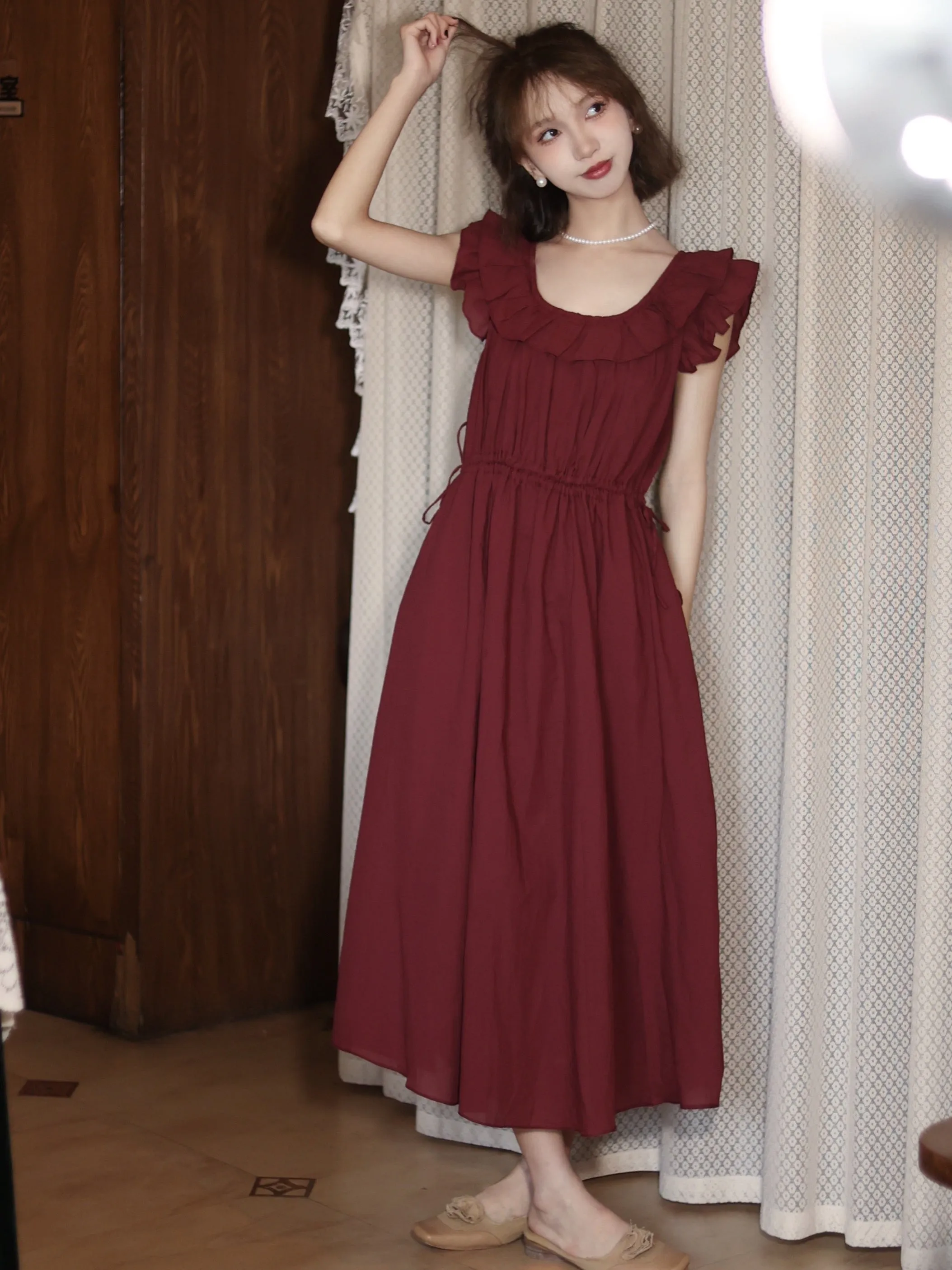 Vintage Round Neck Romantic Burgundy Dress