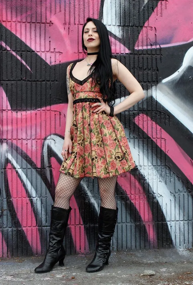 VINTAGE STYLE COCKTAIL DRESS - SKULL AND ROSE PRINT