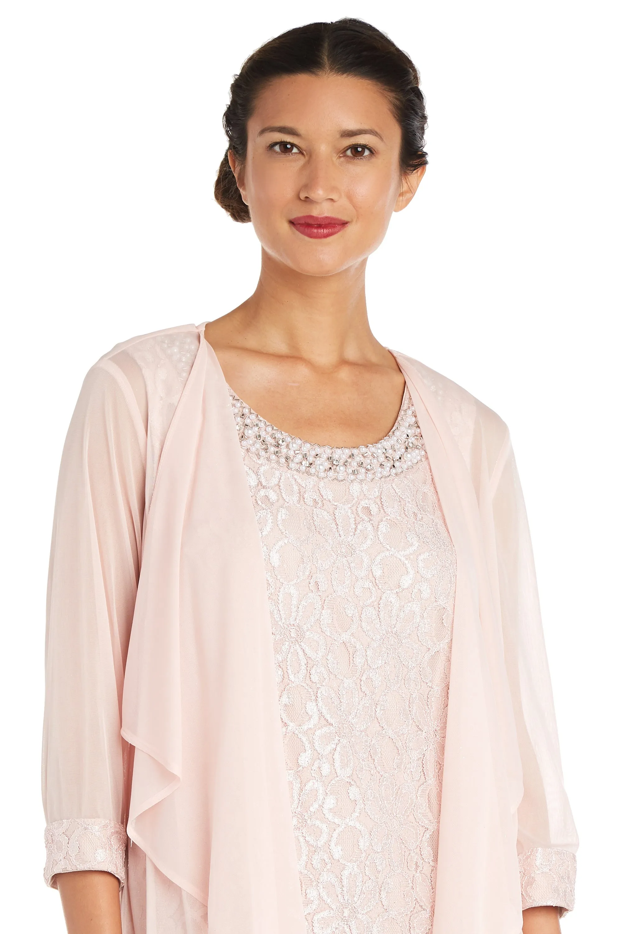 Women's Sheer Draped Jacket and Pearl-Embellished Lace Shift Dress