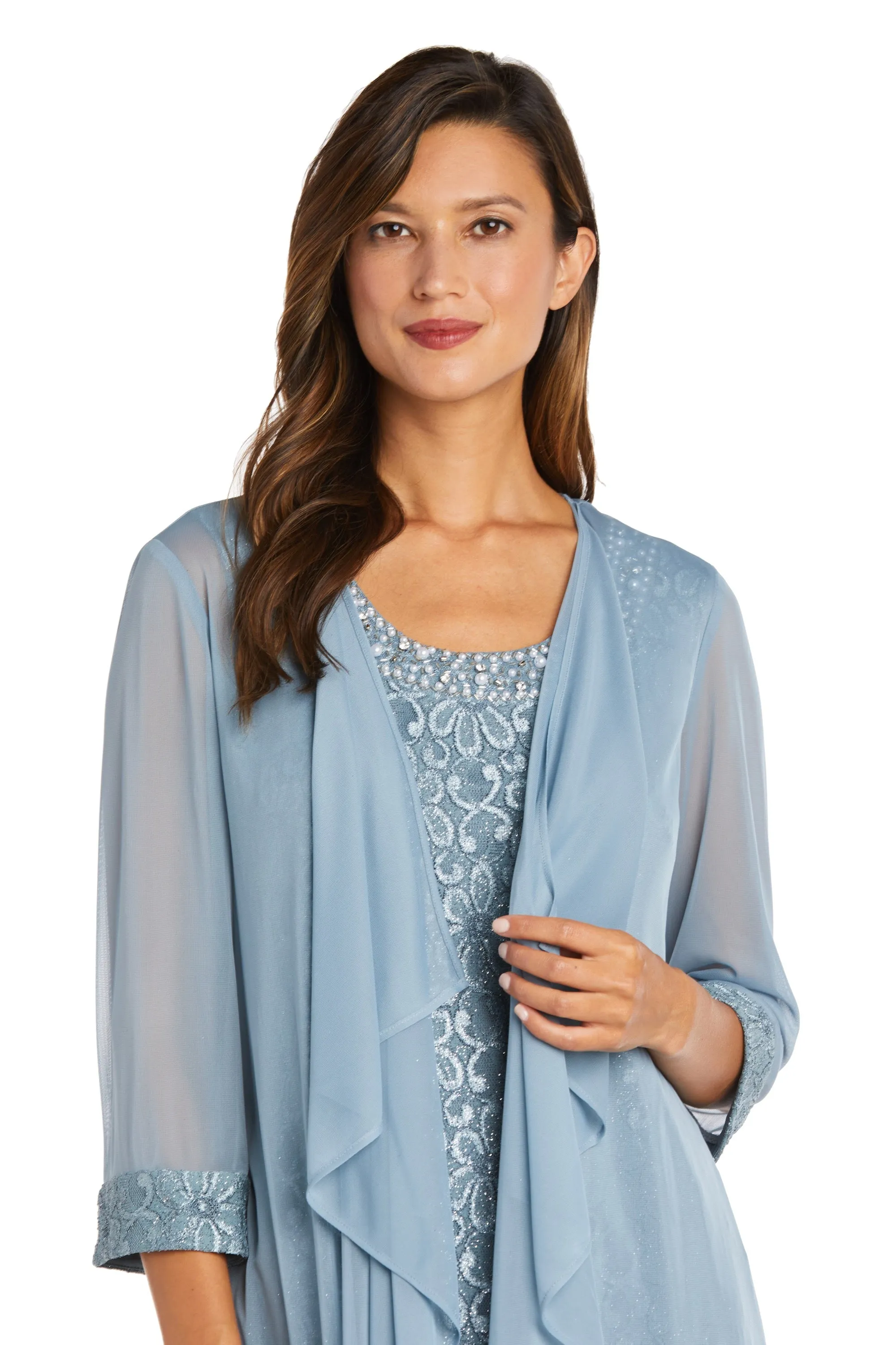 Women's Sheer Draped Jacket and Pearl-Embellished Lace Shift Dress