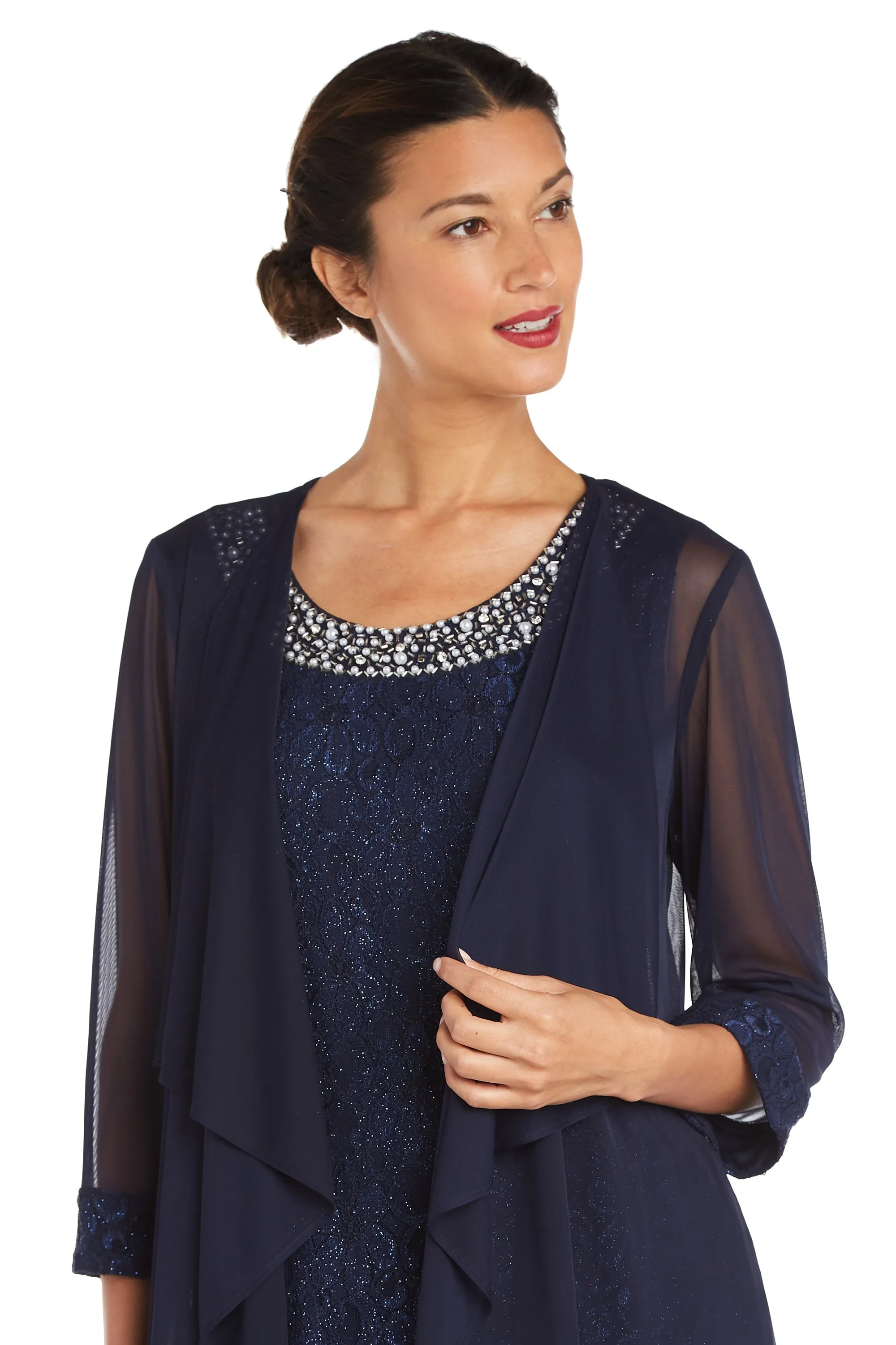 Women's Sheer Draped Jacket and Pearl-Embellished Lace Shift Dress