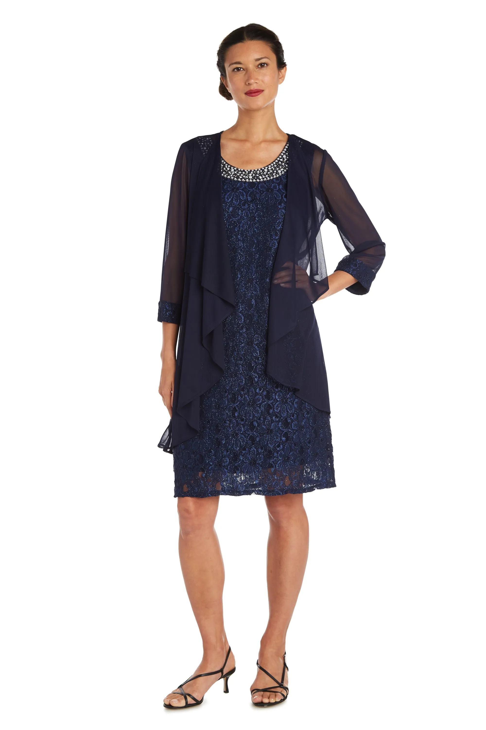 Women's Sheer Draped Jacket and Pearl-Embellished Lace Shift Dress