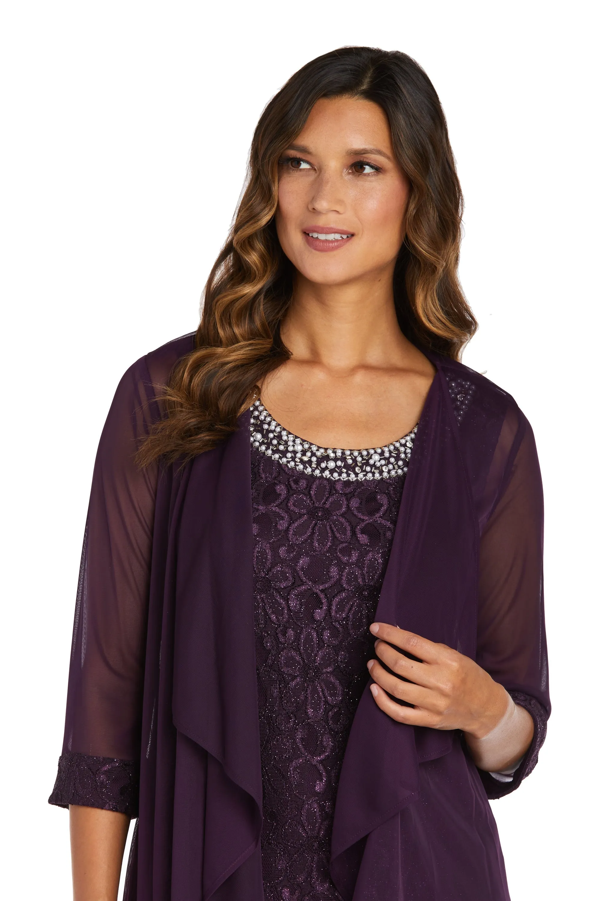 Women's Sheer Draped Jacket and Pearl-Embellished Lace Shift Dress