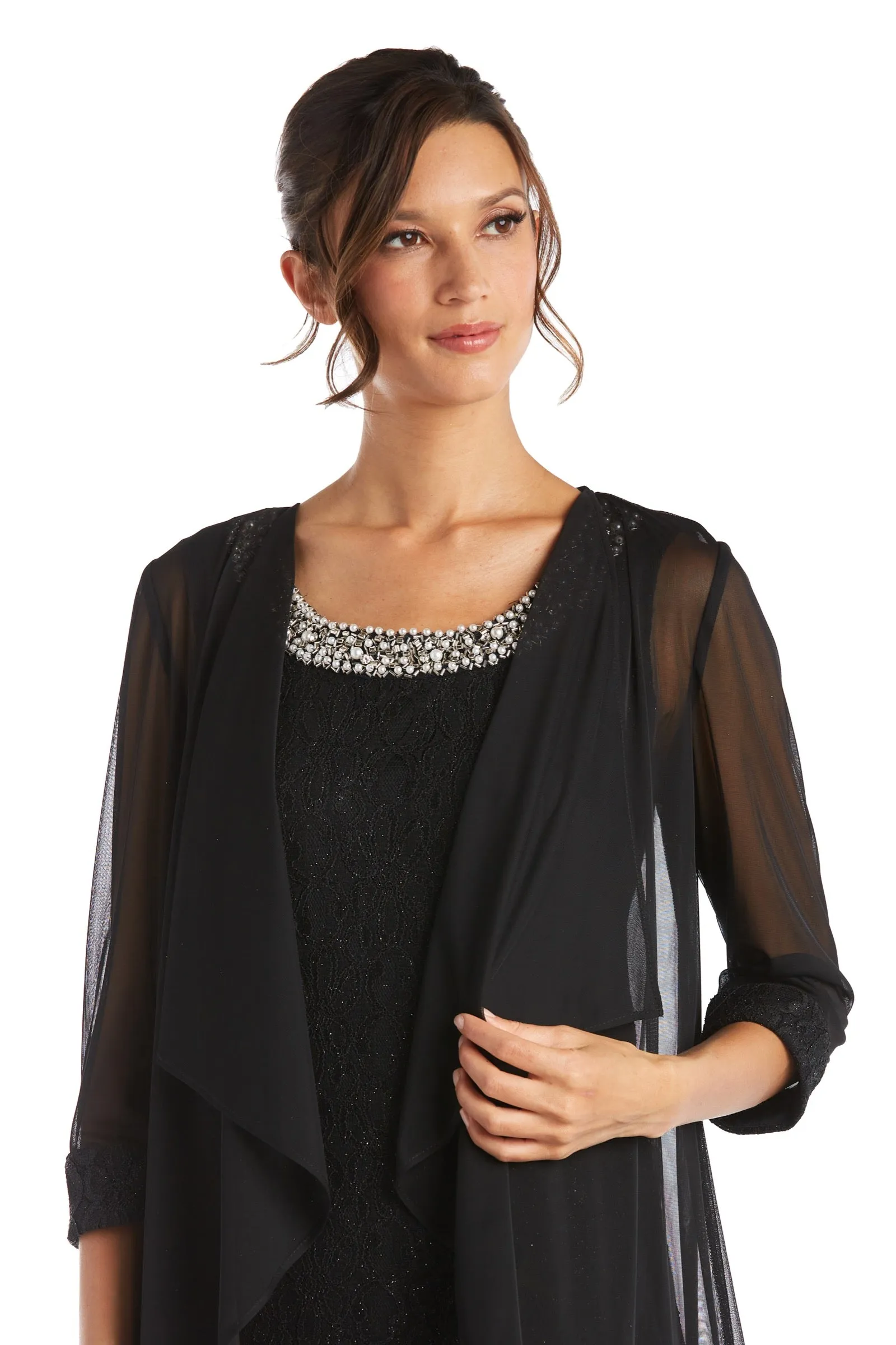 Women's Sheer Draped Jacket and Pearl-Embellished Lace Shift Dress