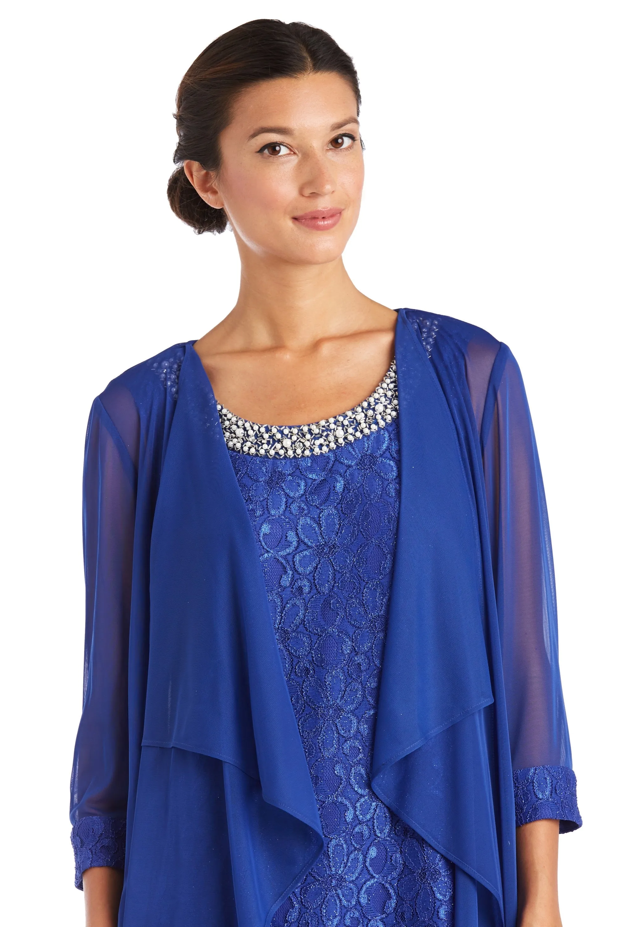 Women's Sheer Draped Jacket and Pearl-Embellished Lace Shift Dress