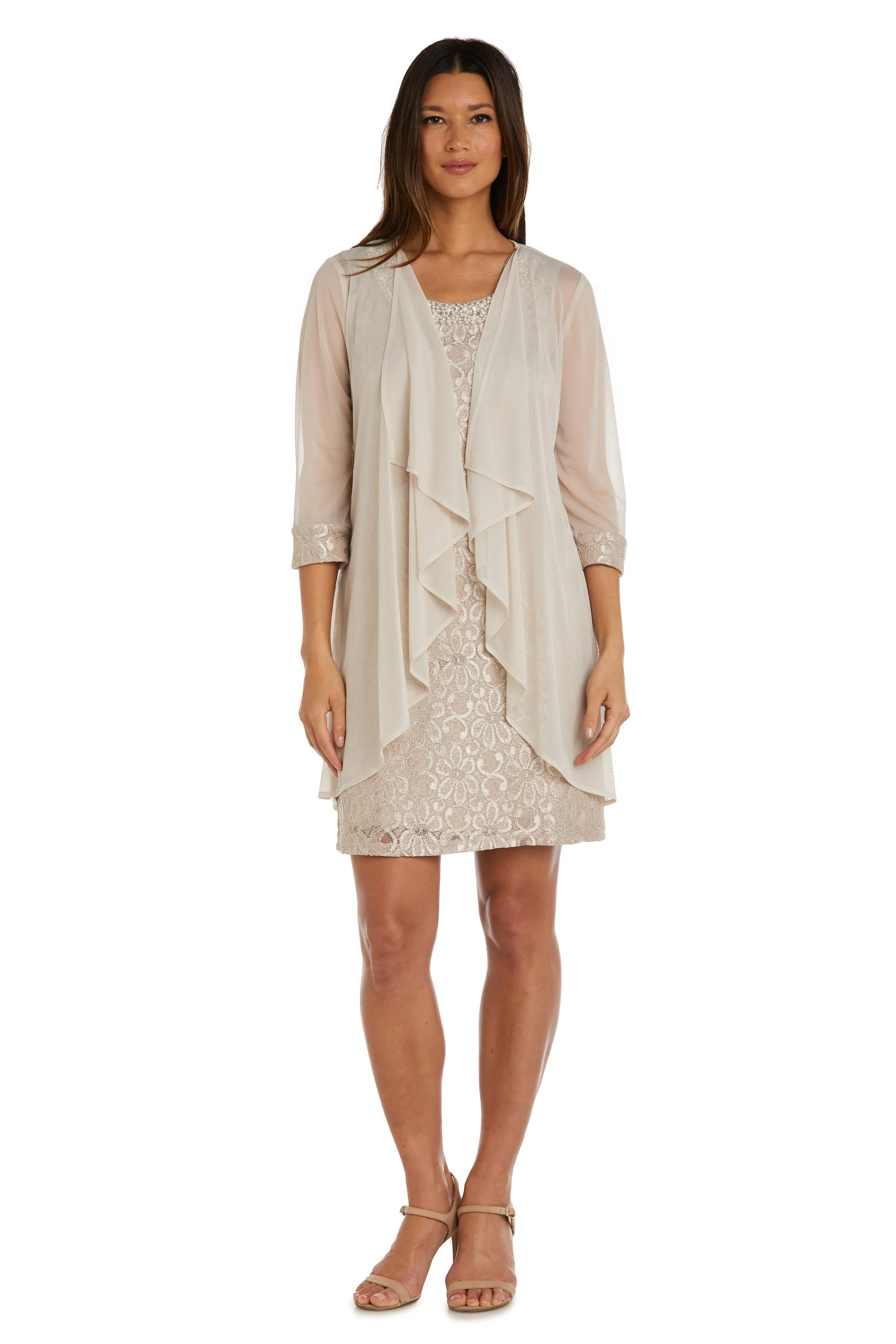 Women's Sheer Draped Jacket and Pearl-Embellished Lace Shift Dress