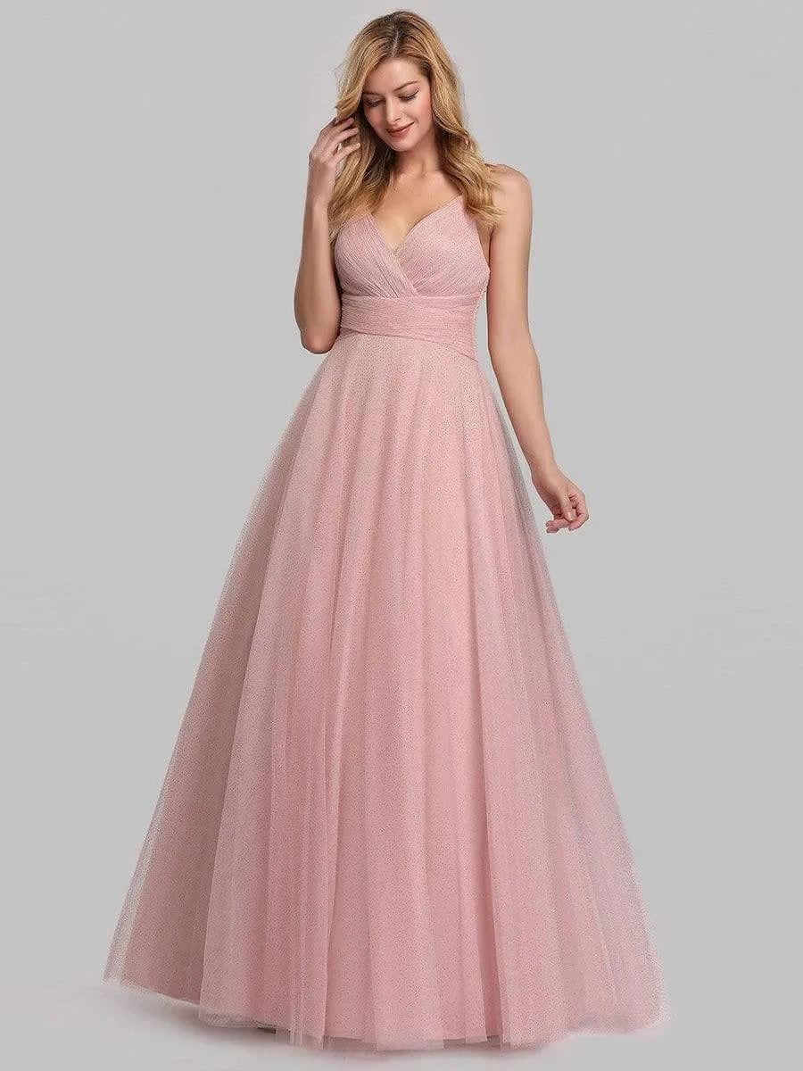 Women's V-Neck Floor Length Sparkling Tulle Bridesmaid Dress