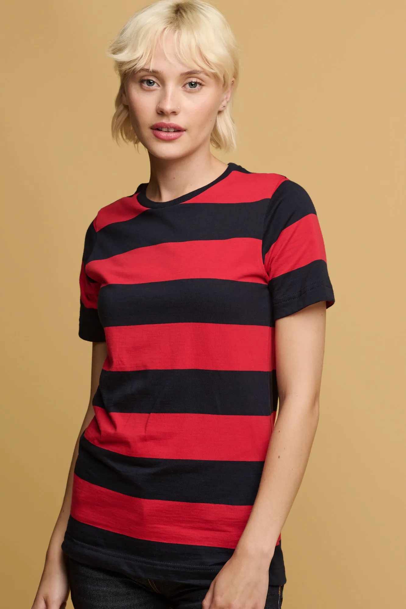 Women's Wide Stripe Short Sleeve T Shirt - Red/Navy