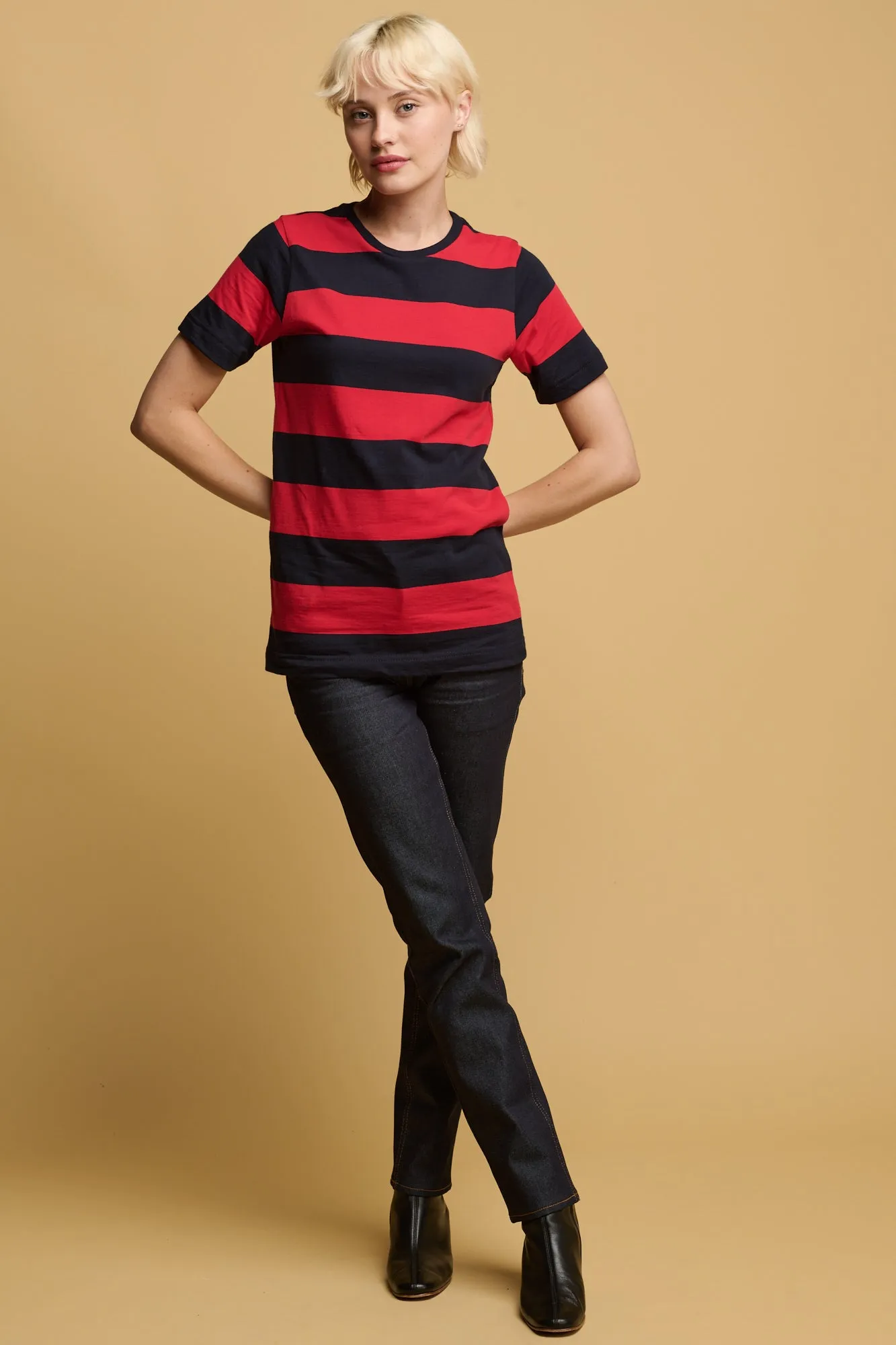 Women's Wide Stripe Short Sleeve T Shirt - Red/Navy